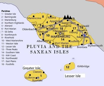 Pluvia and the Saxean Isles, with its parishes and cities depicted and listed